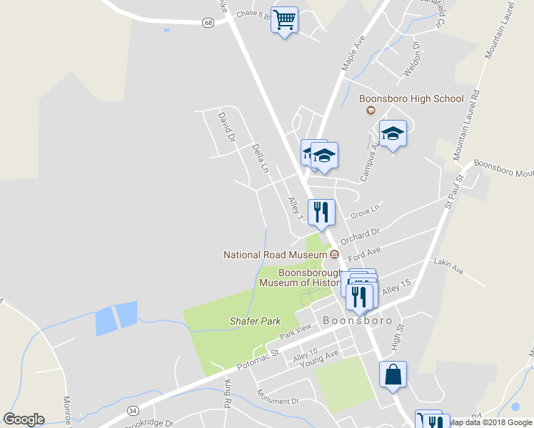 map of restaurants, bars, coffee shops, grocery stores, and more near 11 Thompson Court in Boonsboro