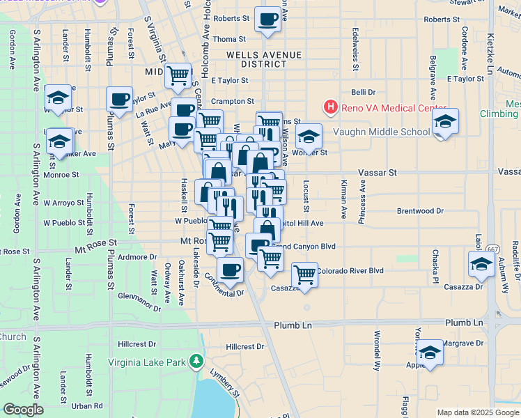 map of restaurants, bars, coffee shops, grocery stores, and more near 1401 South Wells Avenue in Reno