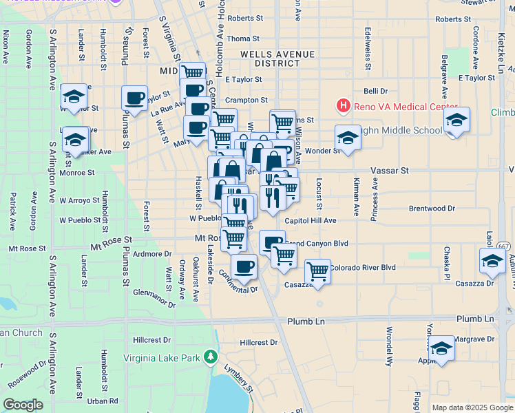 map of restaurants, bars, coffee shops, grocery stores, and more near 128 East Arroyo Street in Reno