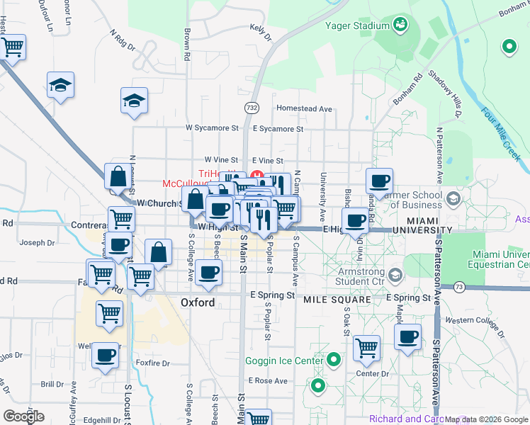 map of restaurants, bars, coffee shops, grocery stores, and more near 14 North Poplar Street in Oxford
