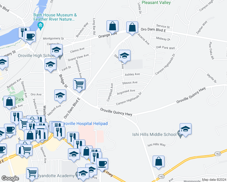 map of restaurants, bars, coffee shops, grocery stores, and more near 2005 Campbell Avenue in Oroville