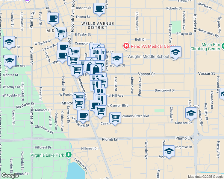 map of restaurants, bars, coffee shops, grocery stores, and more near 500 Broadway Boulevard in Reno