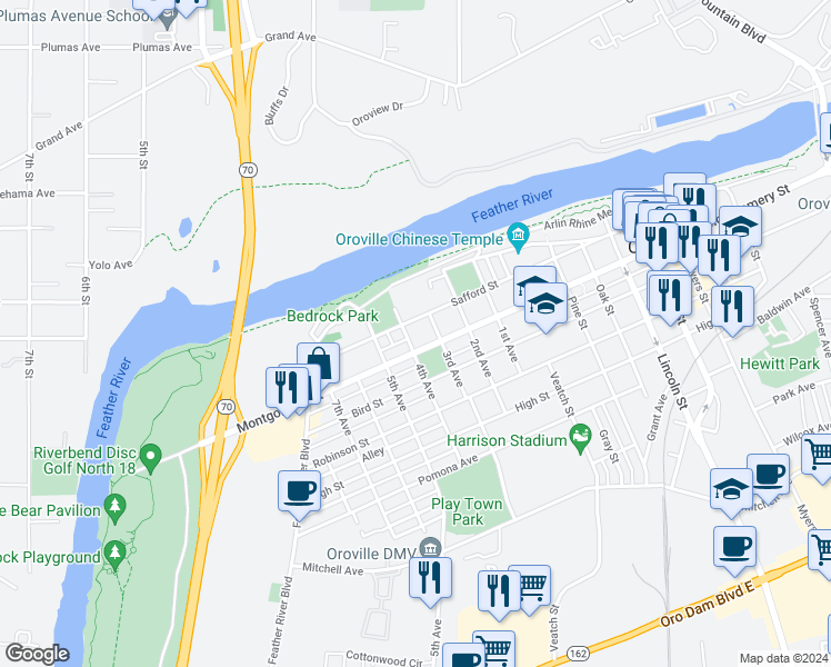 map of restaurants, bars, coffee shops, grocery stores, and more near 1029 Safford Street in Oroville