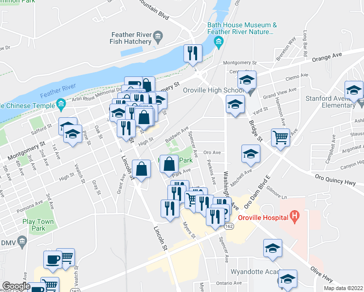 map of restaurants, bars, coffee shops, grocery stores, and more near 1776 Daryl Porter Way in Oroville
