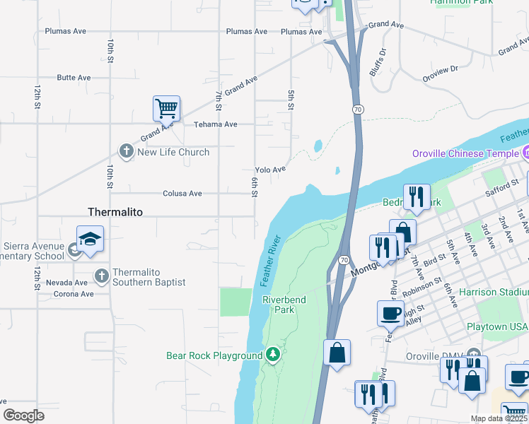 map of restaurants, bars, coffee shops, grocery stores, and more near 1600 6th Street in Oroville