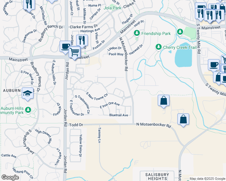 map of restaurants, bars, coffee shops, grocery stores, and more near 17492 East Neu Towne Parkway in Parker