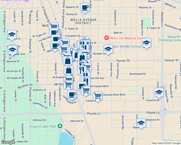 map of restaurants, bars, coffee shops, grocery stores, and more near 330 Broadway Boulevard in Reno
