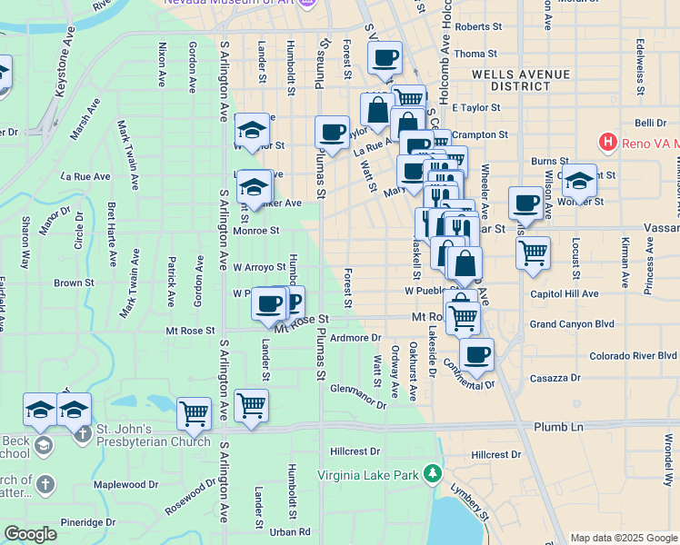 map of restaurants, bars, coffee shops, grocery stores, and more near 257 West Arroyo Street in Reno
