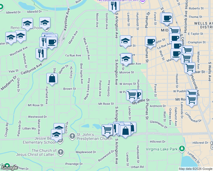 map of restaurants, bars, coffee shops, grocery stores, and more near 1325 Gordon Avenue in Reno