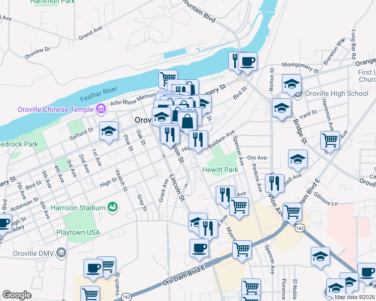 map of restaurants, bars, coffee shops, grocery stores, and more near 1847 High Street in Oroville