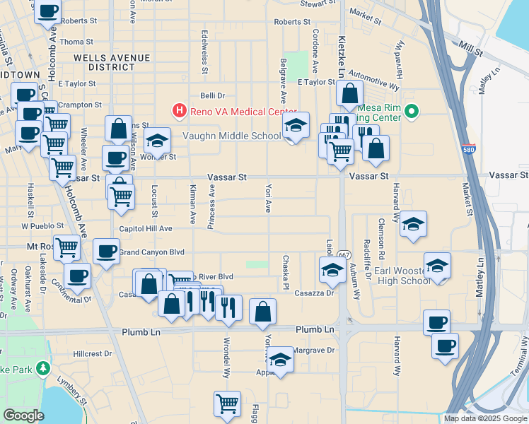 map of restaurants, bars, coffee shops, grocery stores, and more near 895 Brentwood Drive in Reno