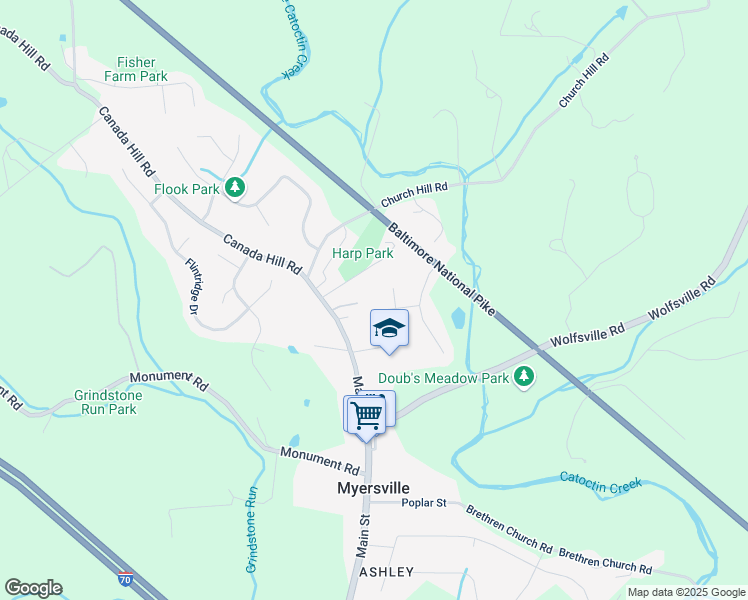 map of restaurants, bars, coffee shops, grocery stores, and more near 15 Deerwoods Court in Myersville
