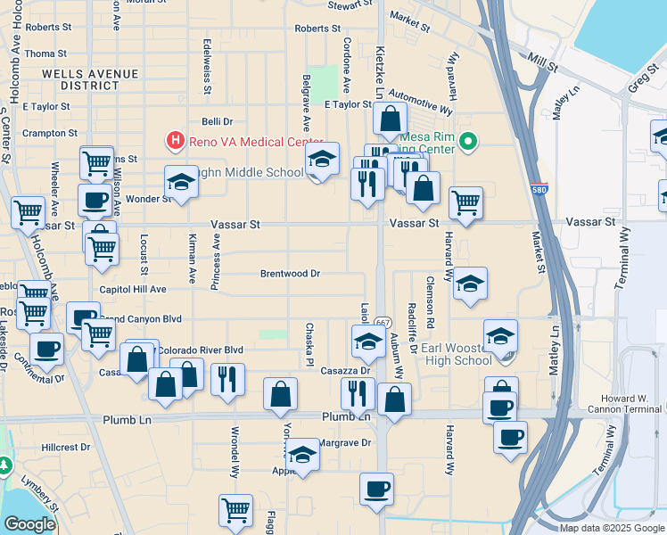 map of restaurants, bars, coffee shops, grocery stores, and more near 1125 Brentwood Drive in Reno