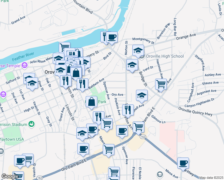 map of restaurants, bars, coffee shops, grocery stores, and more near 2365 Nevada Avenue in Oroville