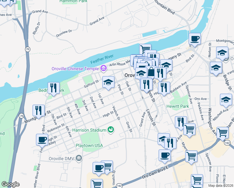 map of restaurants, bars, coffee shops, grocery stores, and more near 1535 Bird Street in Oroville