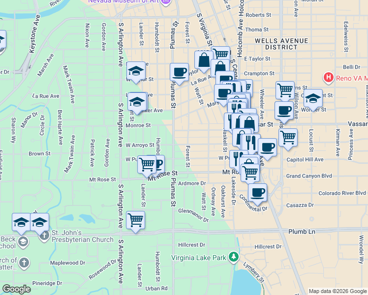 map of restaurants, bars, coffee shops, grocery stores, and more near 257 West Arroyo Street in Reno