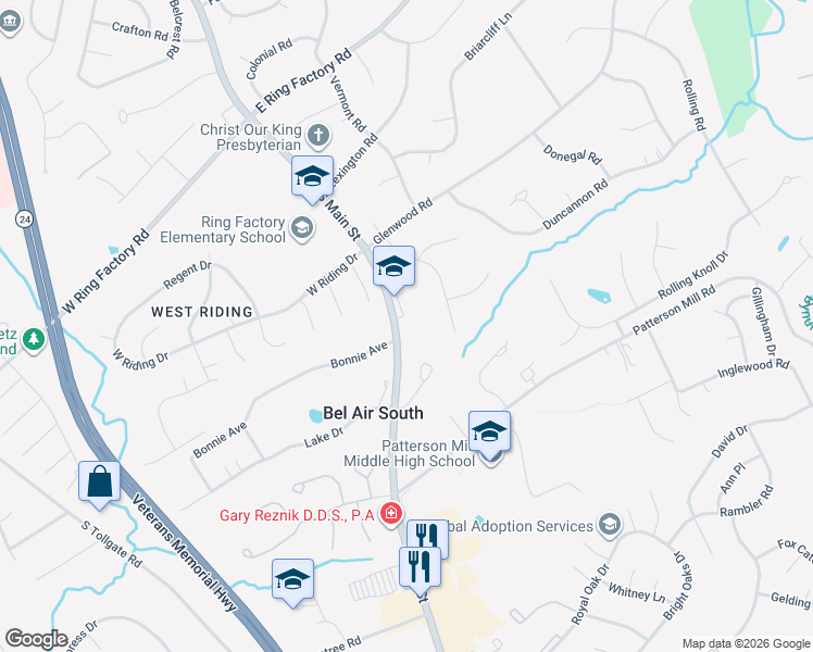 map of restaurants, bars, coffee shops, grocery stores, and more near 1551 Emmorton Road in Bel Air