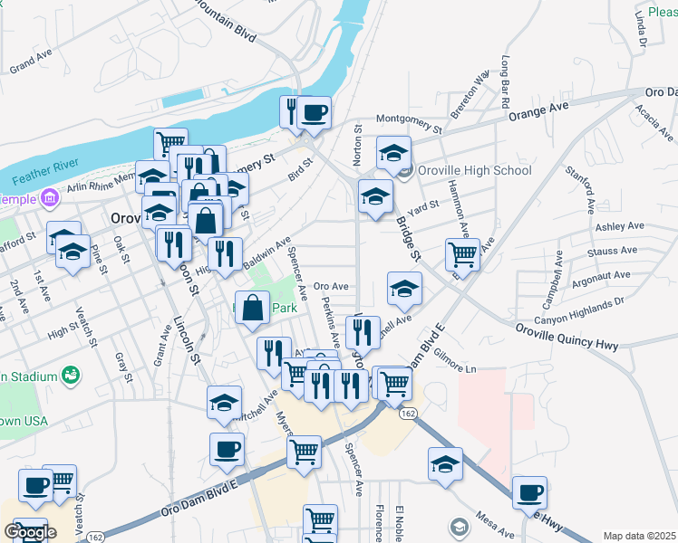 map of restaurants, bars, coffee shops, grocery stores, and more near 2575 Nevada Avenue in Oroville