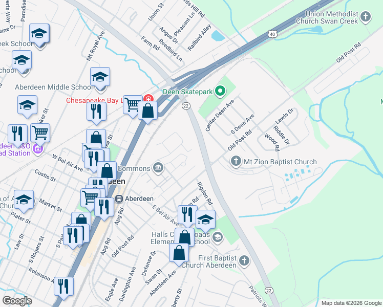 map of restaurants, bars, coffee shops, grocery stores, and more near 115 Truman Street in Aberdeen