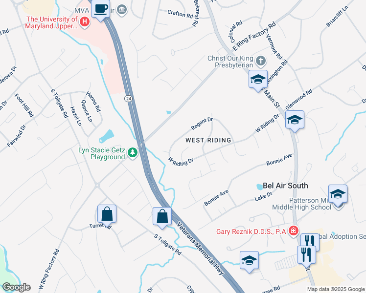 map of restaurants, bars, coffee shops, grocery stores, and more near 1404 Midhurst Court in Bel Air