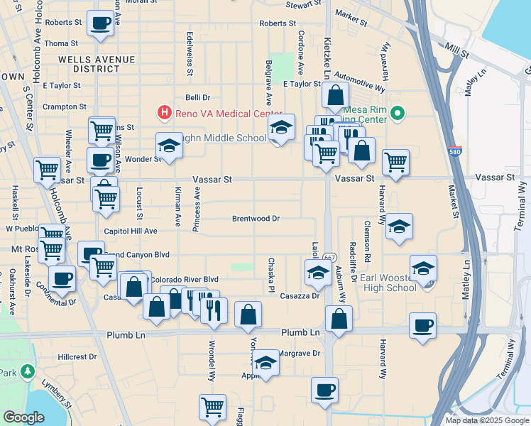 map of restaurants, bars, coffee shops, grocery stores, and more near 925 Brentwood Drive in Reno