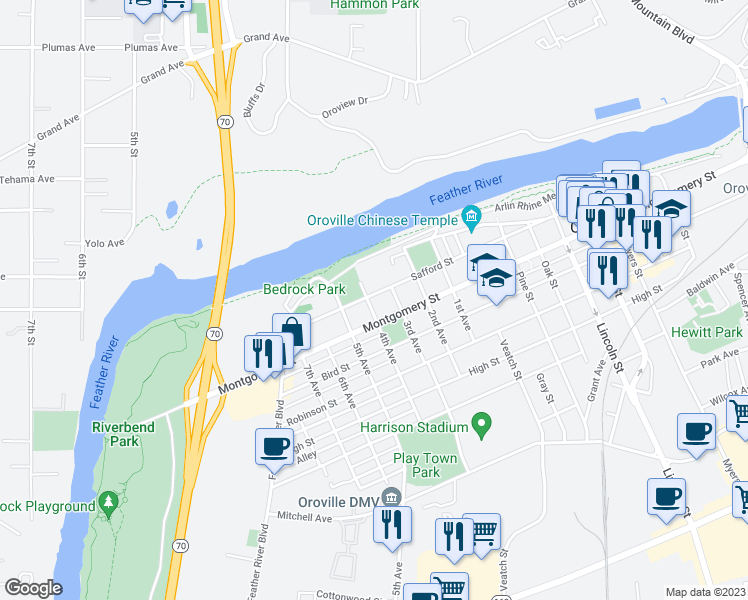 map of restaurants, bars, coffee shops, grocery stores, and more near 1029 Safford Street in Oroville