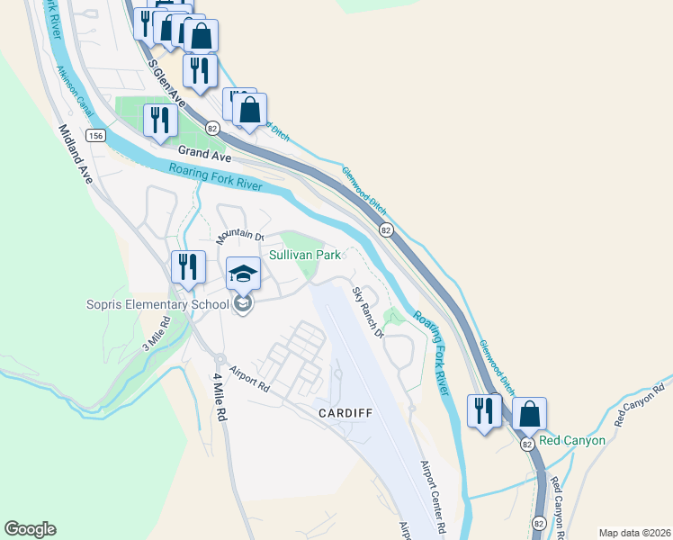 map of restaurants, bars, coffee shops, grocery stores, and more near 3952 Sky Ranch Drive in Glenwood Springs