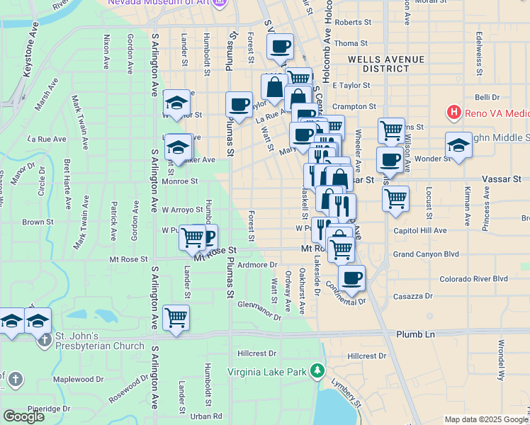 map of restaurants, bars, coffee shops, grocery stores, and more near 257 West Arroyo Street in Reno