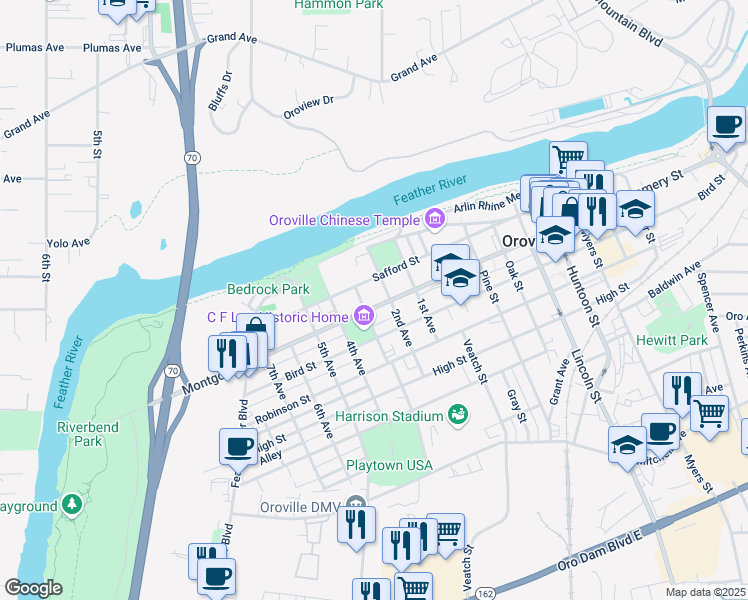 map of restaurants, bars, coffee shops, grocery stores, and more near 1144 Montgomery Street in Oroville
