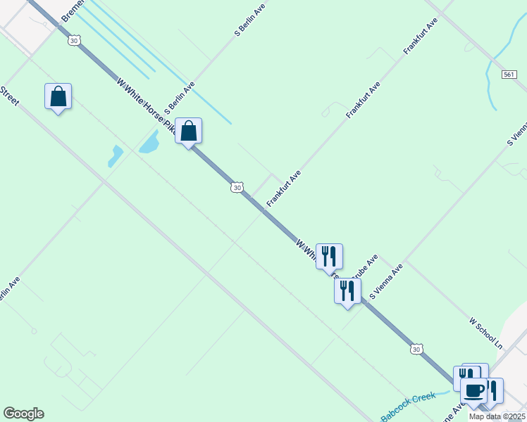 map of restaurants, bars, coffee shops, grocery stores, and more near West White Horse Pike & Frankfurt Avenue in Egg Harbor City