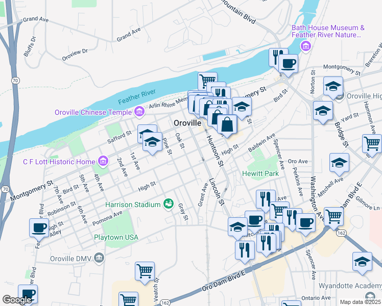 map of restaurants, bars, coffee shops, grocery stores, and more near 1735 Robinson Street in Oroville