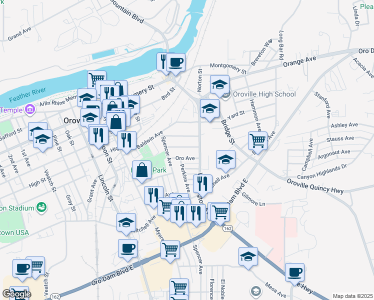 map of restaurants, bars, coffee shops, grocery stores, and more near 2575 Nevada Avenue in Oroville
