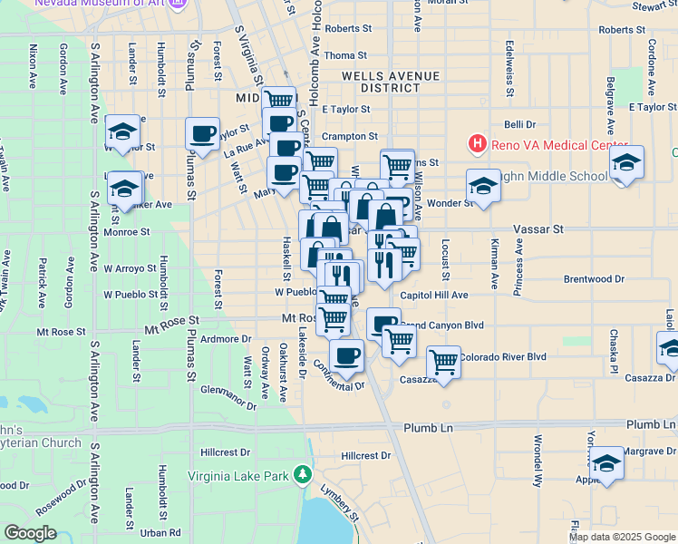 map of restaurants, bars, coffee shops, grocery stores, and more near 128 East Arroyo Street in Reno