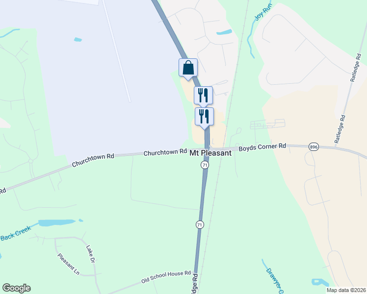 map of restaurants, bars, coffee shops, grocery stores, and more near 627 Churchtown Road in Middletown