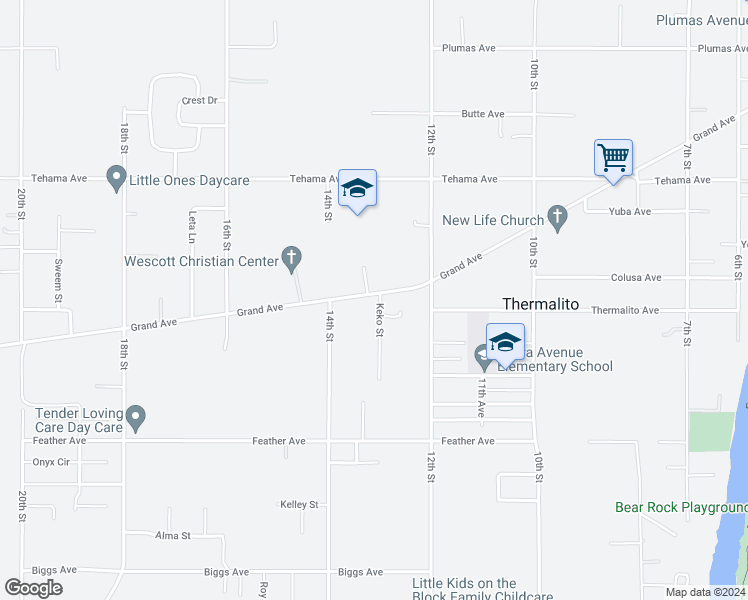 map of restaurants, bars, coffee shops, grocery stores, and more near 1307 Grand Avenue in Oroville