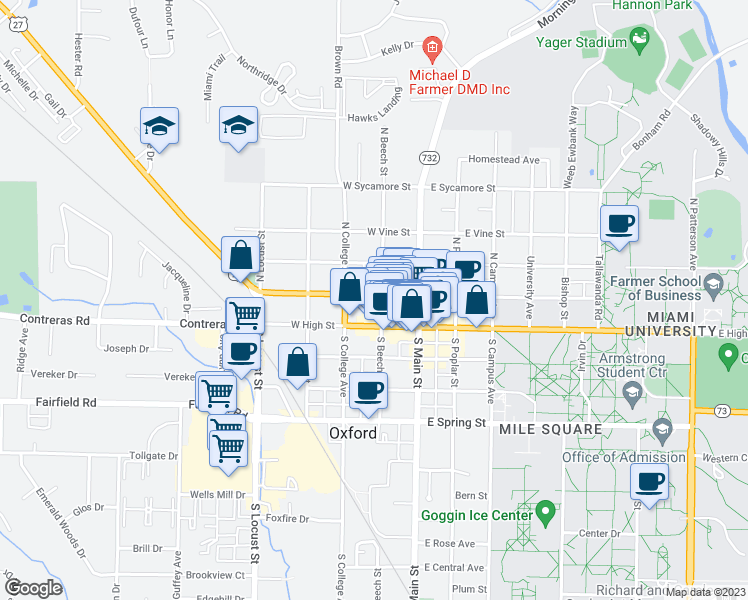 map of restaurants, bars, coffee shops, grocery stores, and more near 101 West Church Street in Oxford