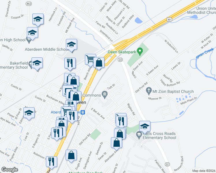 map of restaurants, bars, coffee shops, grocery stores, and more near 12 Taft Street in Aberdeen