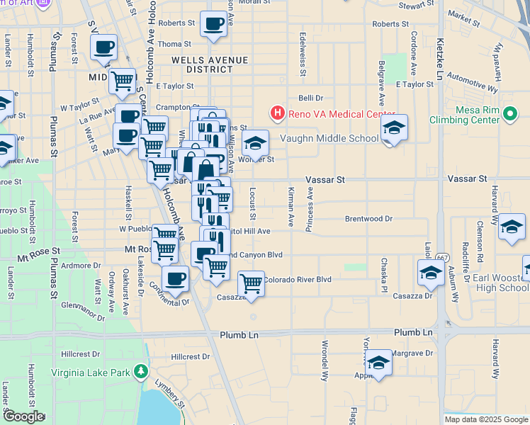 map of restaurants, bars, coffee shops, grocery stores, and more near 500 Broadway Boulevard in Reno