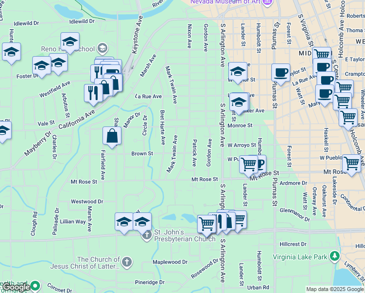 map of restaurants, bars, coffee shops, grocery stores, and more near 1239 Patrick Avenue in Reno