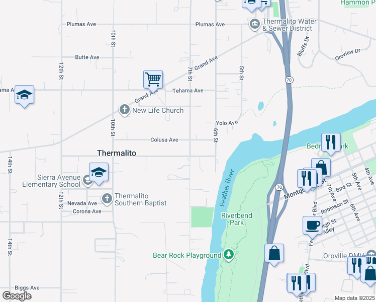 map of restaurants, bars, coffee shops, grocery stores, and more near 716 Thermalito Avenue in Oroville