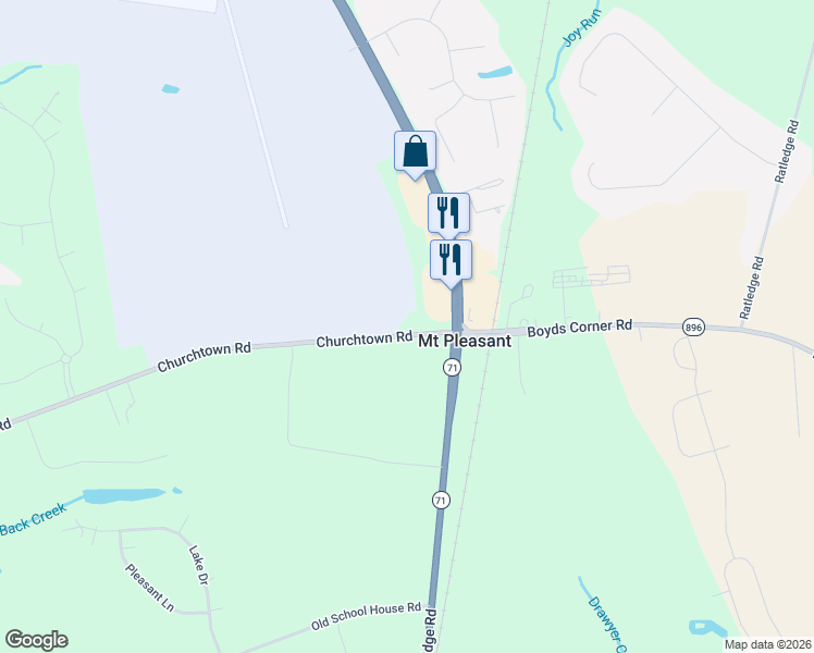 map of restaurants, bars, coffee shops, grocery stores, and more near 627 Churchtown Road in Middletown
