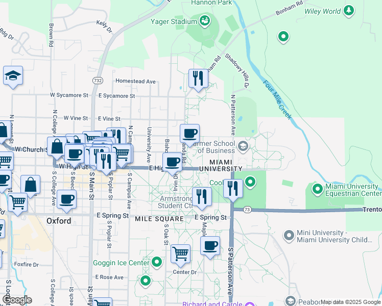 map of restaurants, bars, coffee shops, grocery stores, and more near 105 Tallawanda Road in Oxford