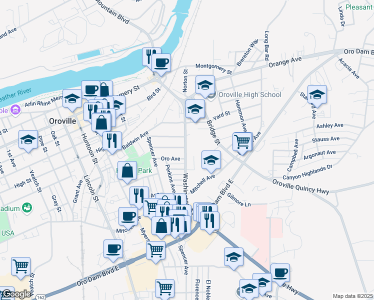 map of restaurants, bars, coffee shops, grocery stores, and more near 1901 Washington Avenue in Oroville