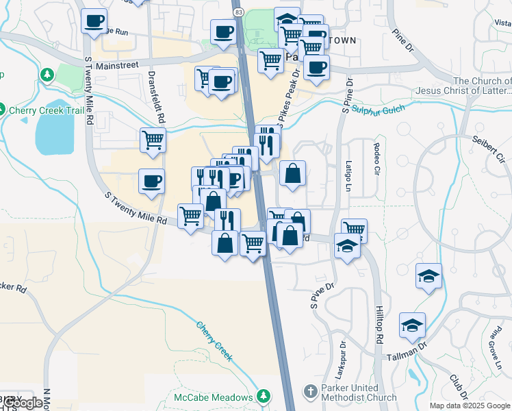map of restaurants, bars, coffee shops, grocery stores, and more near 11259 South Parker Road in Parker