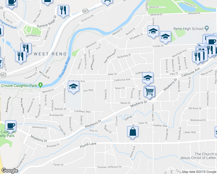 map of restaurants, bars, coffee shops, grocery stores, and more near 820 Daniel Drive in Reno