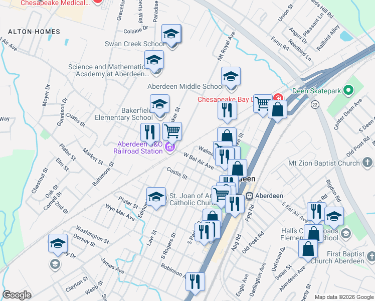 map of restaurants, bars, coffee shops, grocery stores, and more near 309 West Bel Air Avenue in Aberdeen