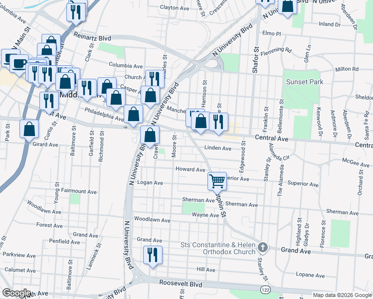 map of restaurants, bars, coffee shops, grocery stores, and more near 2016 Linden Avenue in Middletown