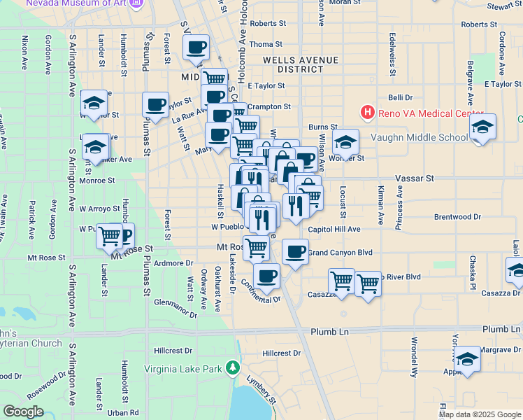map of restaurants, bars, coffee shops, grocery stores, and more near 128 East Arroyo Street in Reno
