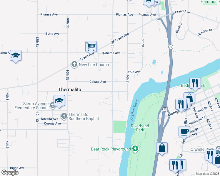 map of restaurants, bars, coffee shops, grocery stores, and more near 716 Thermalito Avenue in Oroville