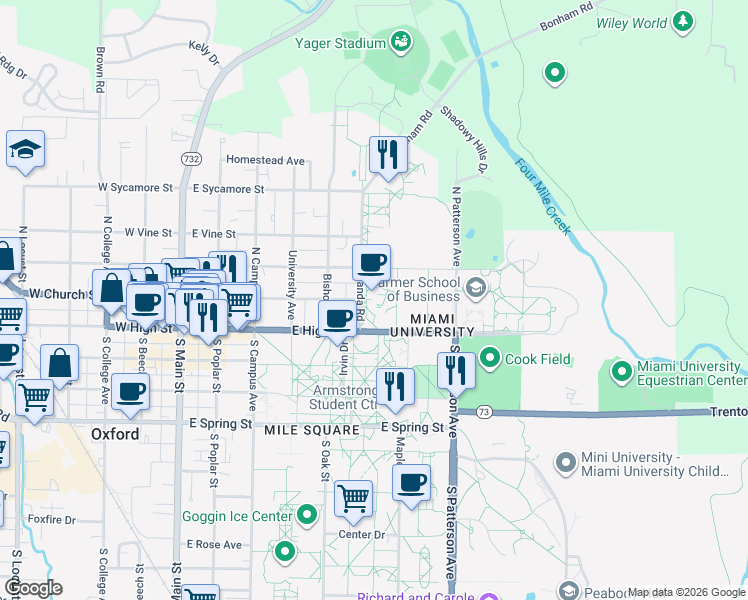 map of restaurants, bars, coffee shops, grocery stores, and more near 105 Tallawanda Road in Oxford